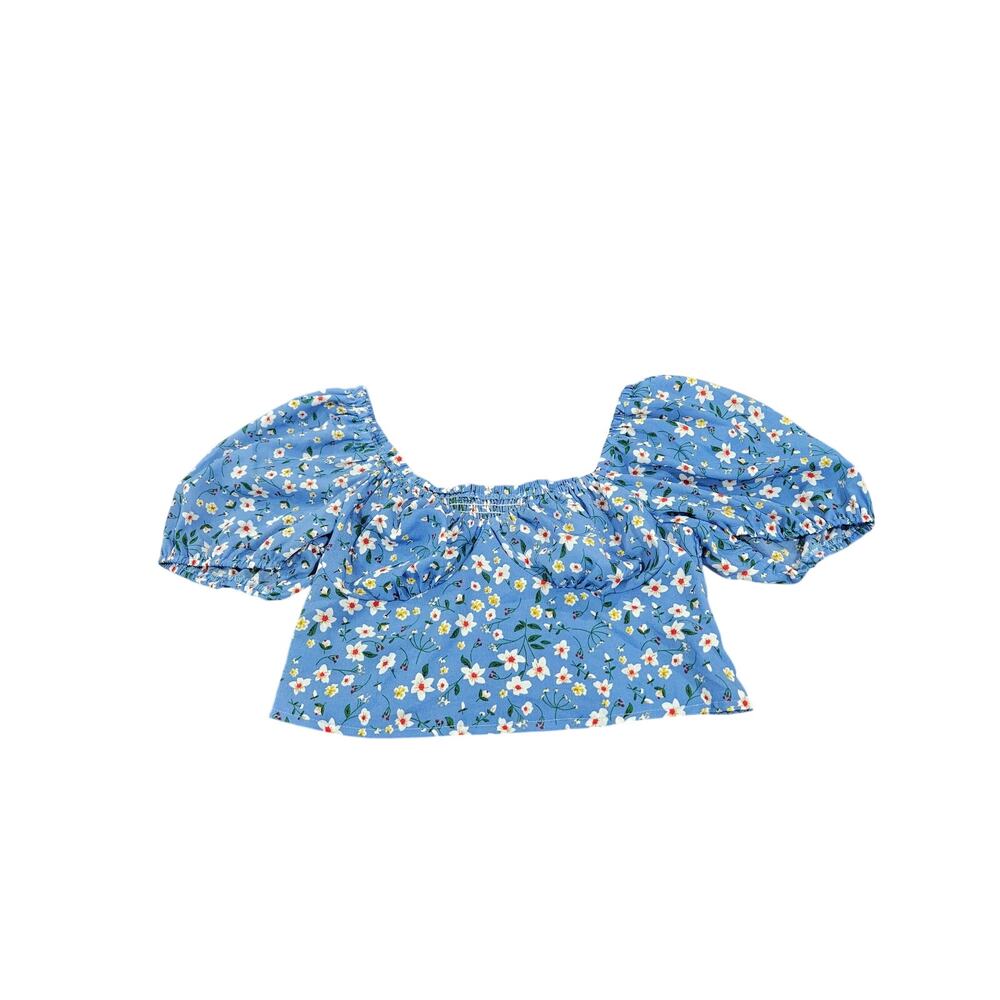 Blue Floral Cottagecore Milkmaid Puff Sleeve Smocked Crop Top 0XL US 12